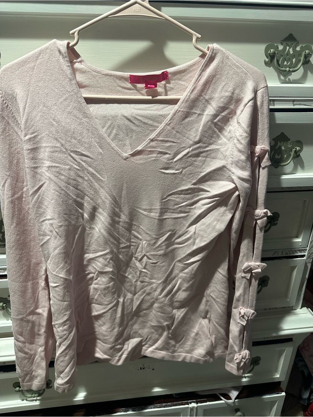 Lilly Pulitzer Sweater Womens Large Pink Bow Sleeve V-Neck Knit Pullover Top